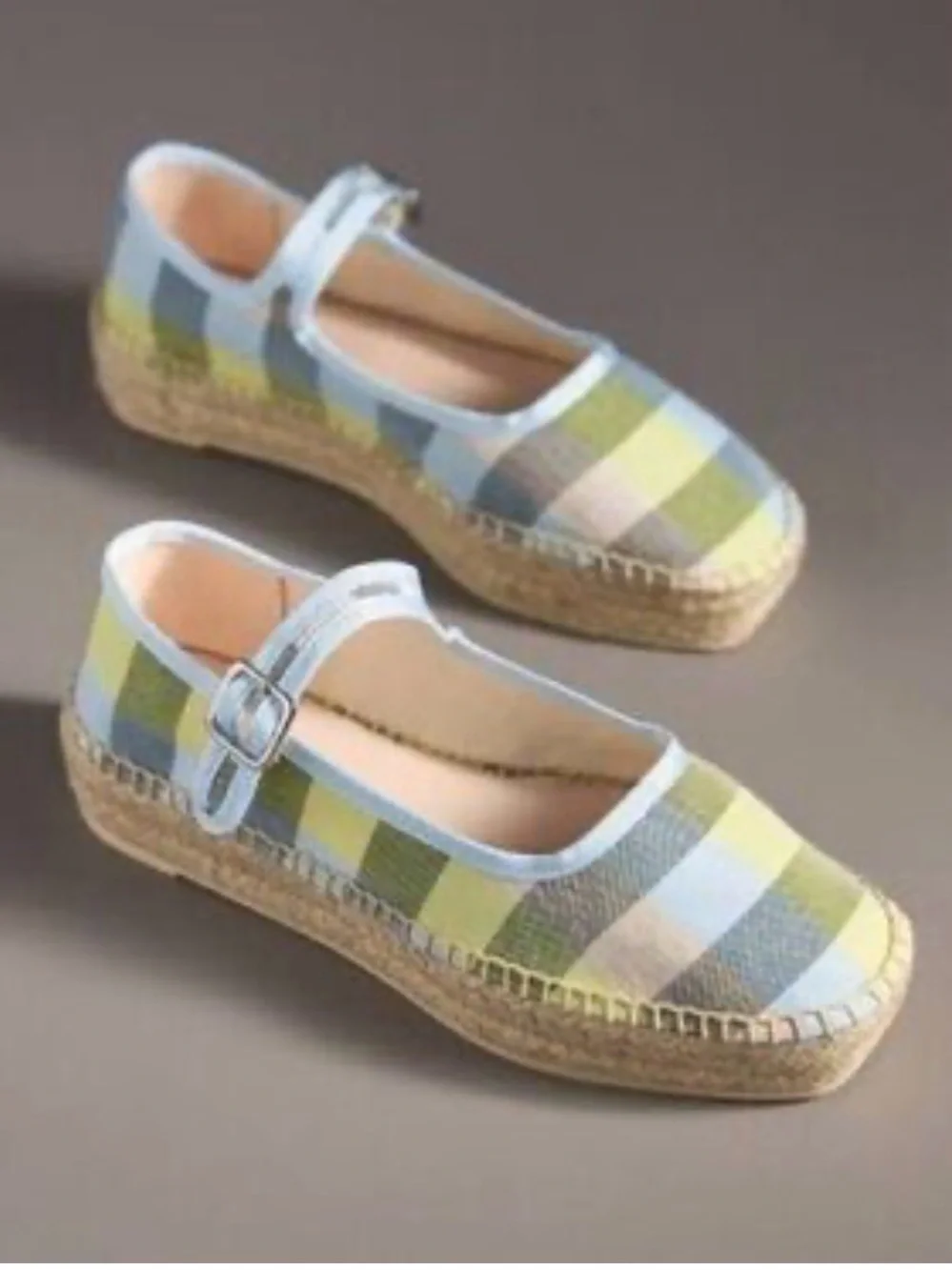 NEW Anthropologie Maeve Mary Jane Espadrille Flats in Blue/Lime Gingham Size 36